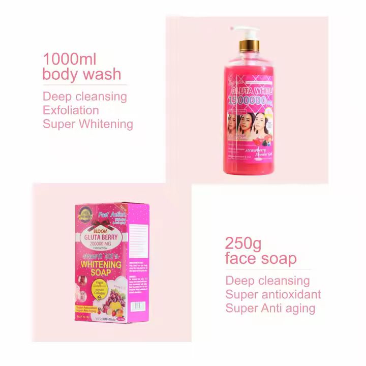 Fast Action Whitening & Anti aging Gluta Berry Shower Gel 1000ml White Collagen Sets Women's Makeup Korean Turmeric Snail Retinol Skin Care Set Shower Gels 1000ml