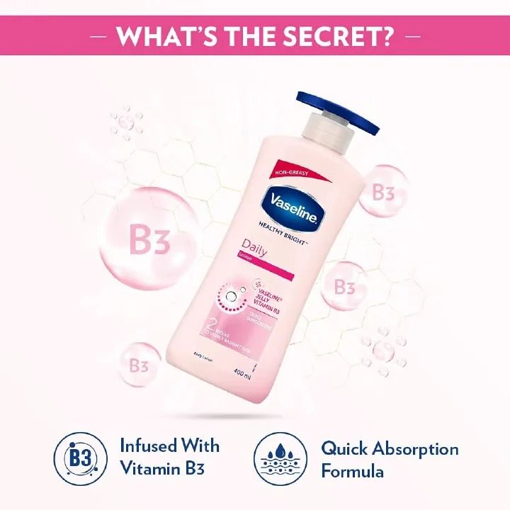 2 Packs Vaseline Daily Brightening Even Tone Body Lotion + Oil for Glowing Skin, with Vitamin B3 & Triple Sunscreens - 400ml For Radiant Looking Skin in 2 Weeks Vaseline Body Lotion 400ml + 200ml