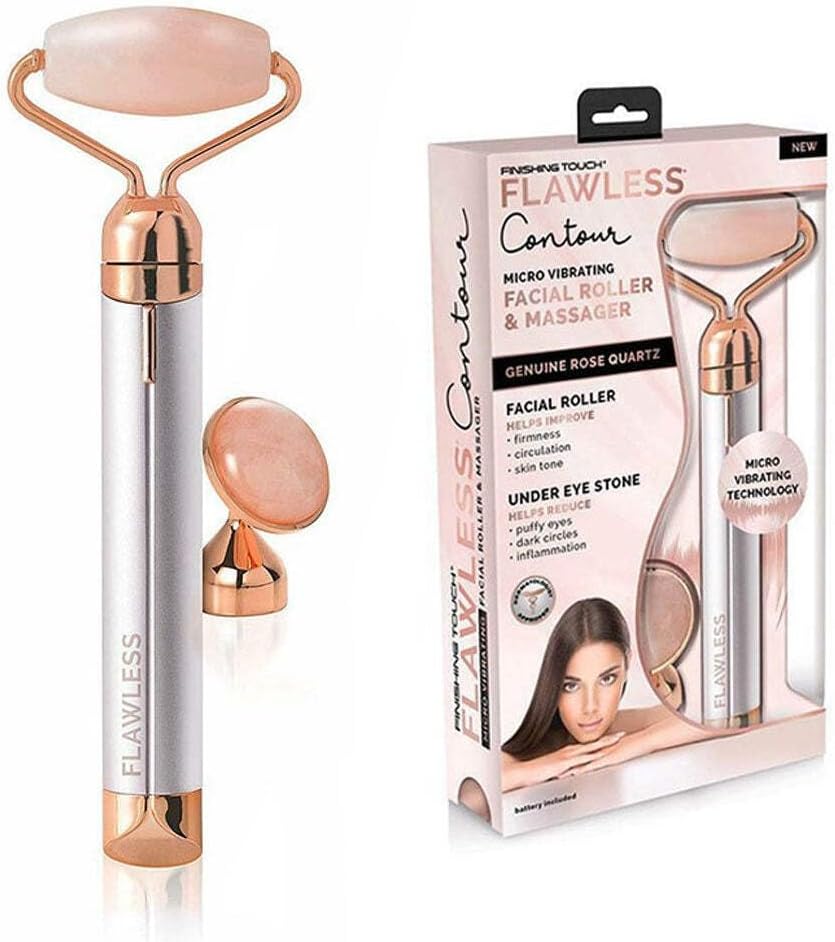 Flawless Contour Vibrating Facial Roller & Massager, Rose Quartz Portable and Travel-Friendly Controlled Vibrating Technology with Genuine Rose Quartz Stone