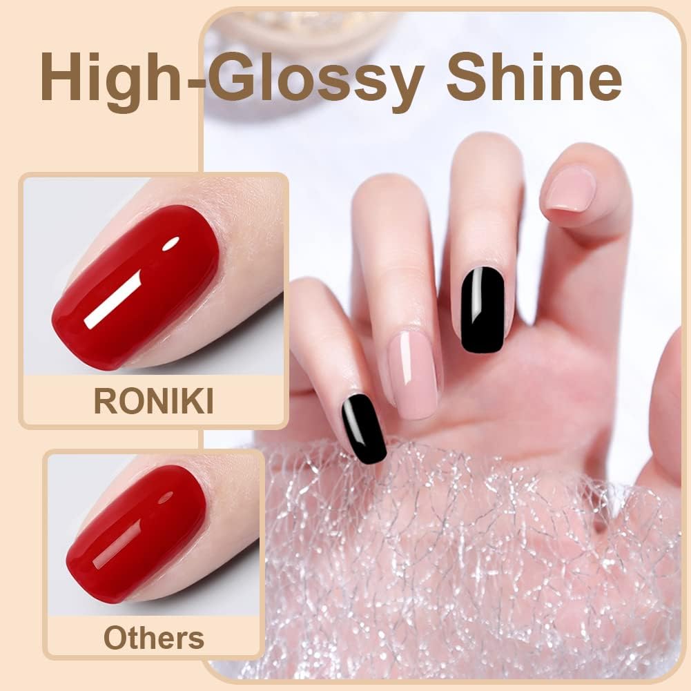 Roniki Soak-Off UV/LED Gel Nail Polish Top Coat + Base Coat – Long-Lasting, Chip-Resistant, High Gloss Finish, Quick Dry, Easy Application for Perfect Manicure – Ideal for Professional & Home Use