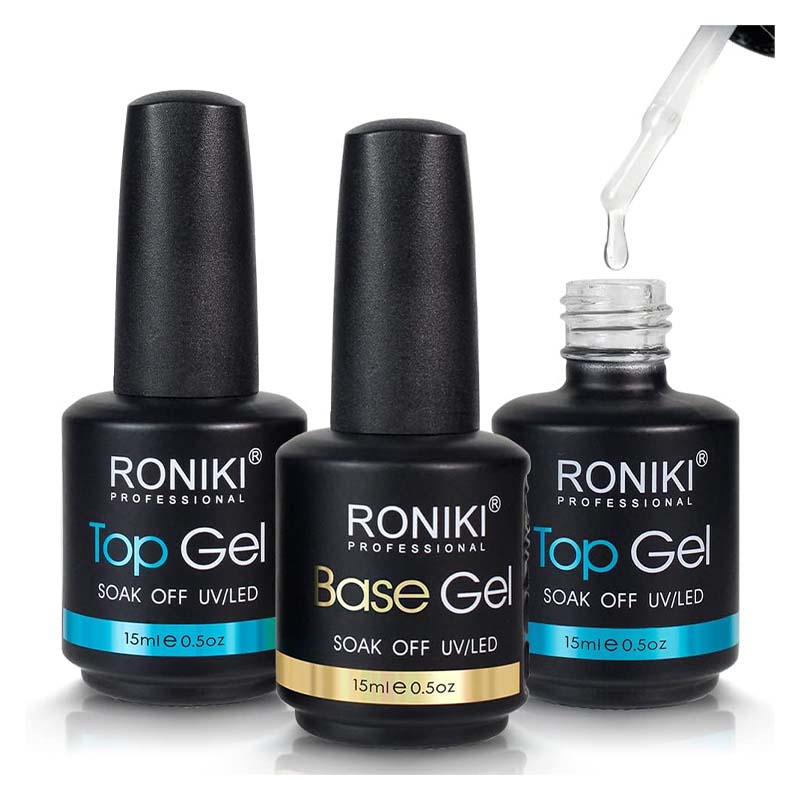 Roniki Soak-Off UV/LED Gel Nail Polish Top Coat + Base Coat – Long-Lasting, Chip-Resistant, High Gloss Finish, Quick Dry, Easy Application for Perfect Manicure – Ideal for Professional & Home Use