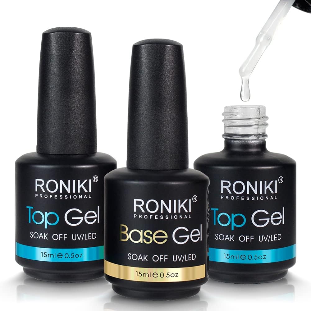 Roniki Soak-Off UV/LED Gel Nail Polish Top Coat + Base Coat – Long-Lasting, Chip-Resistant, High Gloss Finish, Quick Dry, Easy Application for Perfect Manicure – Ideal for Professional & Home Use