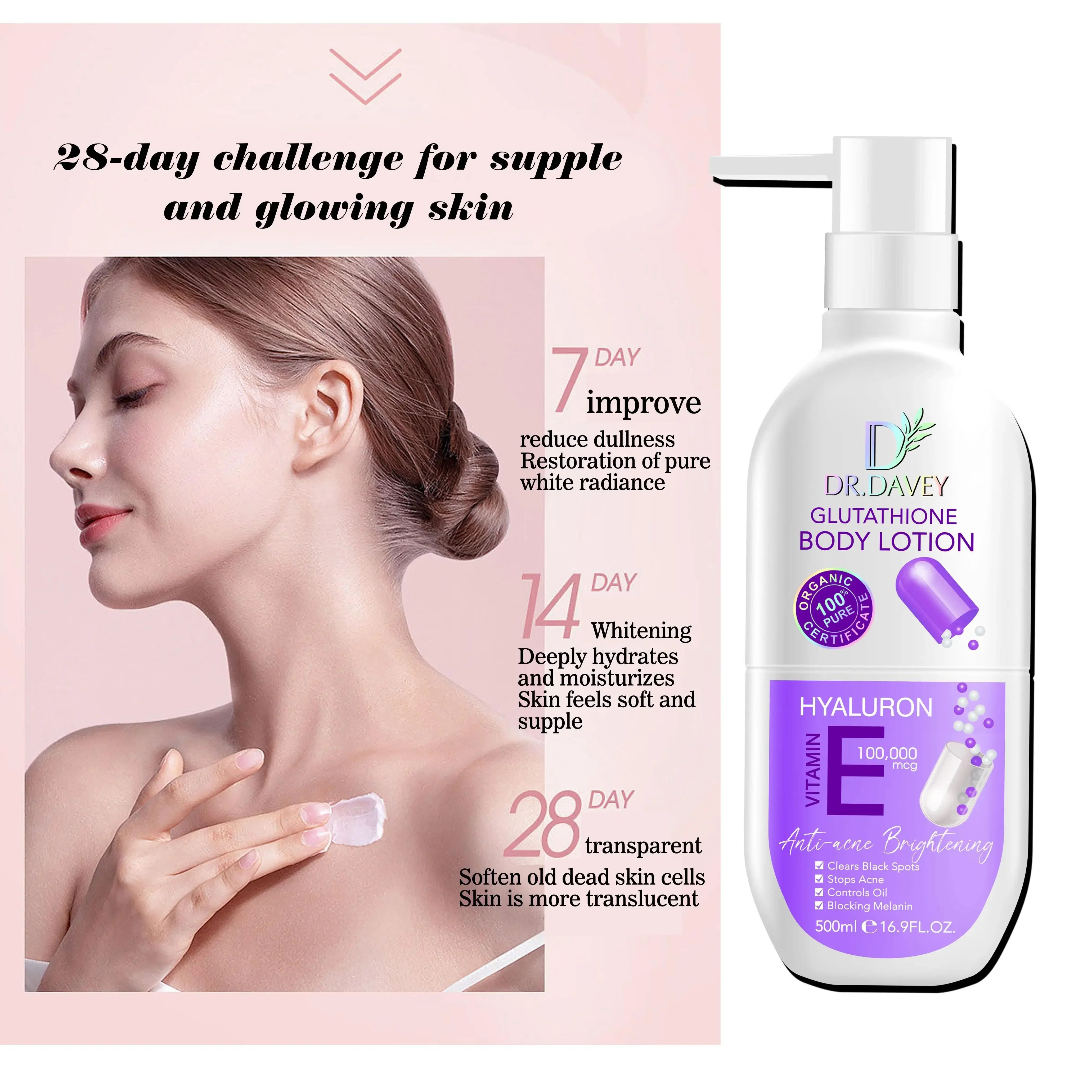 Dr. Davey Amino Acid Glutathione Skin Brightening Body Lotion – Deep Whitening, Dark Spot Removal, Anti-Aging Moisturizer for Smooth Radiant Skin – Fast Action Face & Body Lightening Cream
