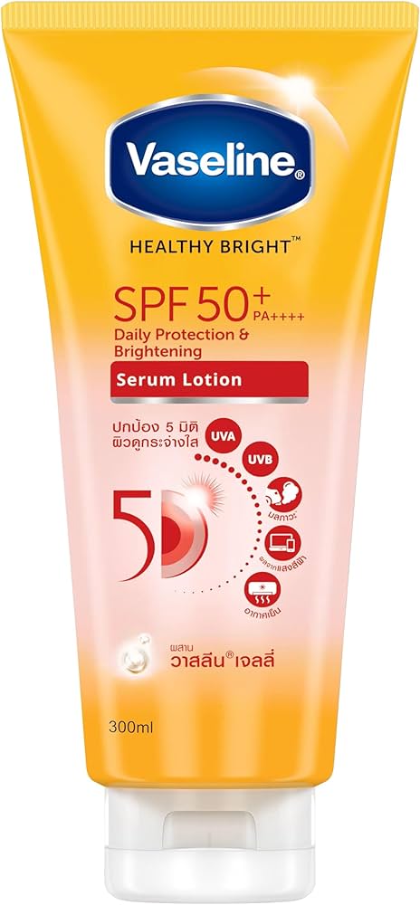 Vaseline Healthy Bright SPF50+ PA++++ Serum 300 ml – 5D Daily Protection, Niacinamide & Multivitamin Brightening, Lightweight Non-Greasy Sunscreen Lotion