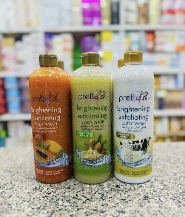 Pretty Brightening Exfoliating Body Wash – Papaya & Carrot Oil / Shea Butter / Strawberry Variants, Vitamin E, Remove Dead Skin & Even Tone, 500ml–1000ml