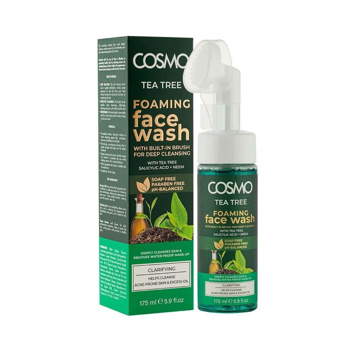 Cosmo Tea Tree Foaming Face Wash 175ml – Deep Cleansing Soap-Free Face Wash with Built-In Brush, Salicylic Acid & Neem, Paraben-Free pH Balanced Clarifying Cleanser for Acne & Oily Skin