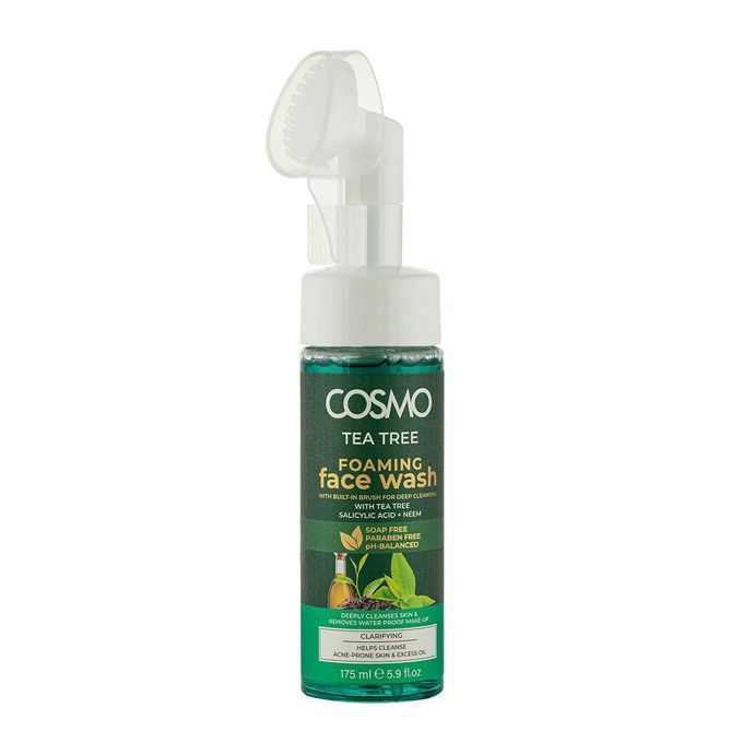 Cosmo Tea Tree Foaming Face Wash 175ml – Deep Cleansing Soap-Free Face Wash with Built-In Brush, Salicylic Acid & Neem, Paraben-Free pH Balanced Clarifying Cleanser for Acne & Oily Skin