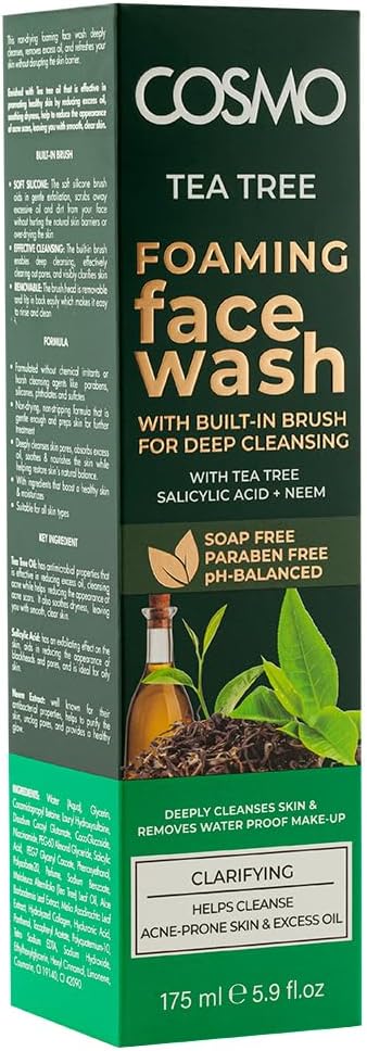 Cosmo Tea Tree Foaming Face Wash 175ml – Deep Cleansing Soap-Free Face Wash with Built-In Brush, Salicylic Acid & Neem, Paraben-Free pH Balanced Clarifying Cleanser for Acne & Oily Skin