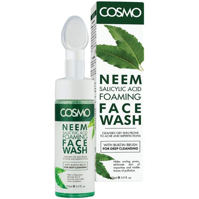 Cosmo Neem & Salicylic Acid Foaming Face Wash 175ml – Deep Cleansing Soap-Free Face Cleanser with Built-in Brush, Tea Tree & Neem for Acne, Oil Control & Clear, Balanced Skin
