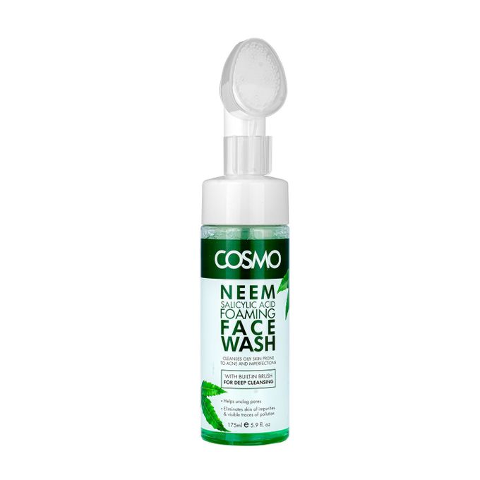 Cosmo Neem & Salicylic Acid Foaming Face Wash 175ml – Deep Cleansing Soap-Free Face Cleanser with Built-in Brush, Tea Tree & Neem for Acne, Oil Control & Clear, Balanced Skin