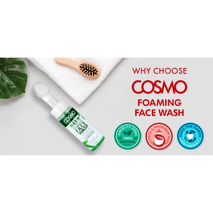Cosmo Neem & Salicylic Acid Foaming Face Wash 175ml – Deep Cleansing Soap-Free Face Cleanser with Built-in Brush, Tea Tree & Neem for Acne, Oil Control & Clear, Balanced Skin