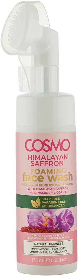 Cosmo Himalayan Saffron Foaming Face Wash 175ml – Deep Cleansing Soap-Free Cleanser with Built-in Brush, Tea Tree, Salicylic Acid & Neem, pH-Balanced Clarifying Face Wash for Radiant Skin