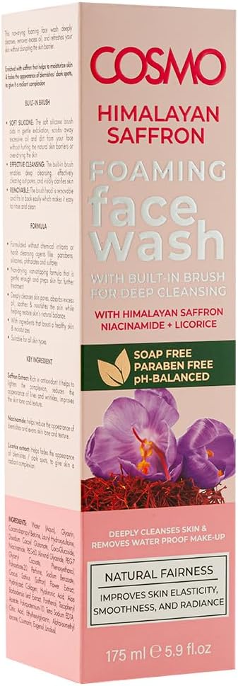 Cosmo Himalayan Saffron Foaming Face Wash 175ml – Deep Cleansing Soap-Free Cleanser with Built-in Brush, Tea Tree, Salicylic Acid & Neem, pH-Balanced Clarifying Face Wash for Radiant Skin