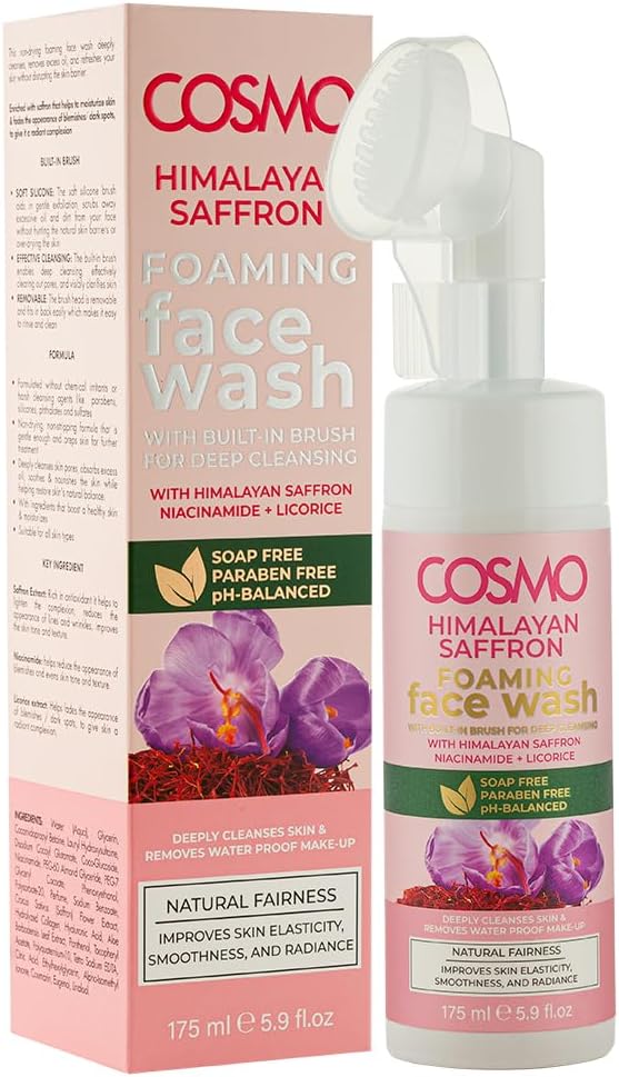 Cosmo Himalayan Saffron Foaming Face Wash 175ml – Deep Cleansing Soap-Free Cleanser with Built-in Brush, Tea Tree, Salicylic Acid & Neem, pH-Balanced Clarifying Face Wash for Radiant Skin
