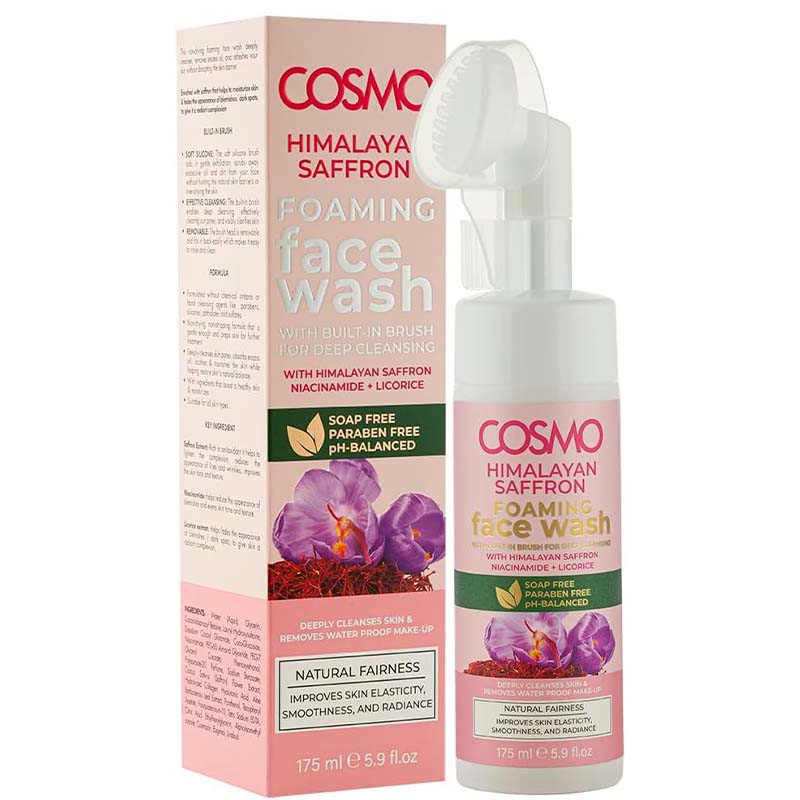 Cosmo Himalayan Saffron Foaming Face Wash 175ml – Deep Cleansing Soap-Free Cleanser with Built-in Brush, Tea Tree, Salicylic Acid & Neem, pH-Balanced Clarifying Face Wash for Radiant Skin