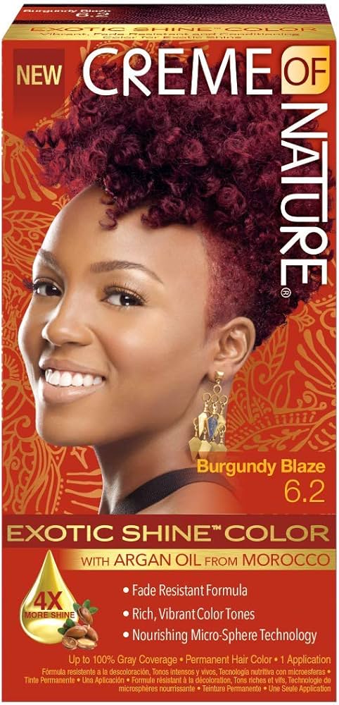 Creme of Nature Burgundy Blaze 6.2 Exotic Shine Hair Color – Permanent Rich Burgundy Red Dye with Argan Oil from Morocco, Long-Lasting Vibrant Shine, Deep Conditioning & 100% Grey Coverage