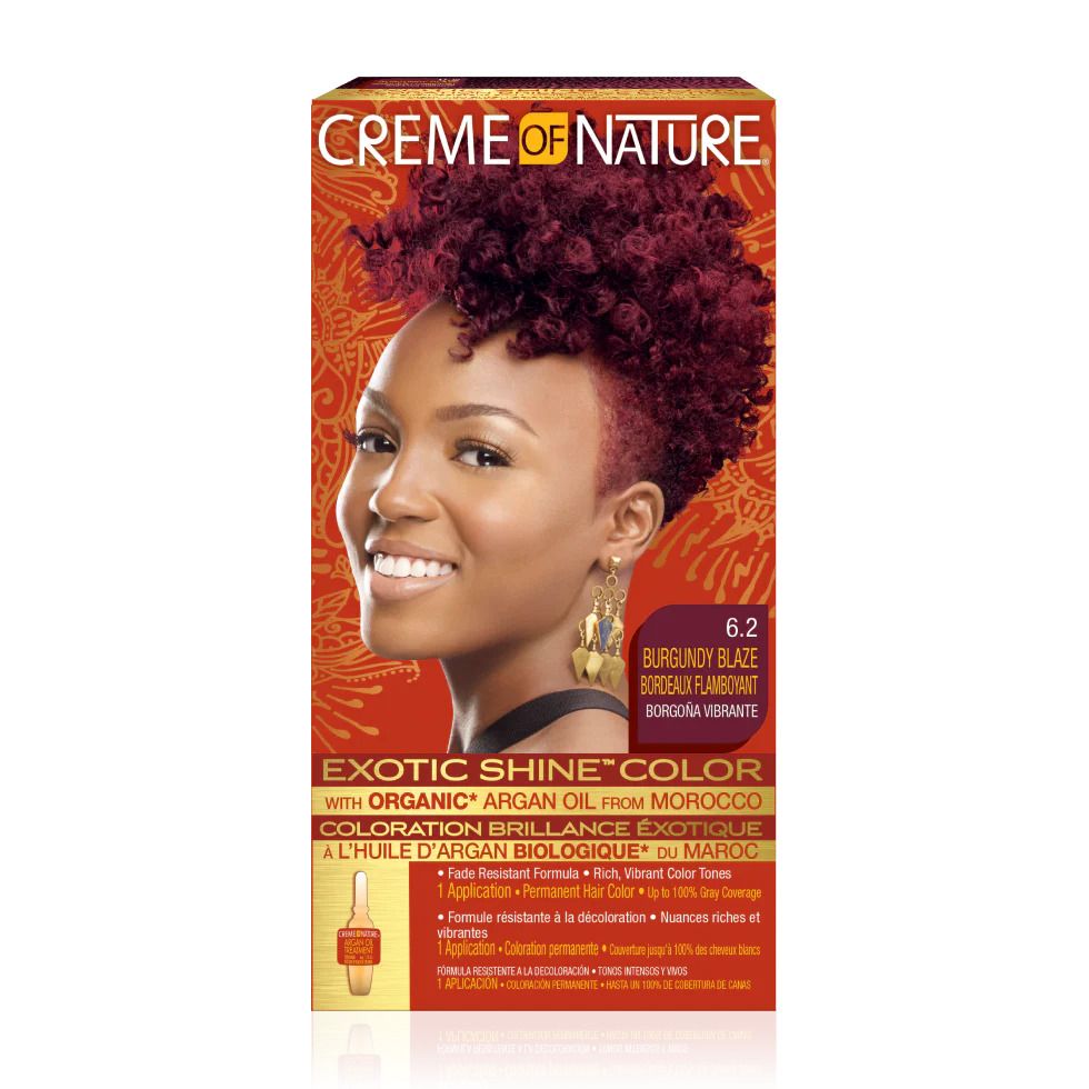 Creme of Nature Burgundy Blaze 6.2 Exotic Shine Hair Color – Permanent Rich Burgundy Red Dye with Argan Oil from Morocco, Long-Lasting Vibrant Shine, Deep Conditioning & 100% Grey Coverage