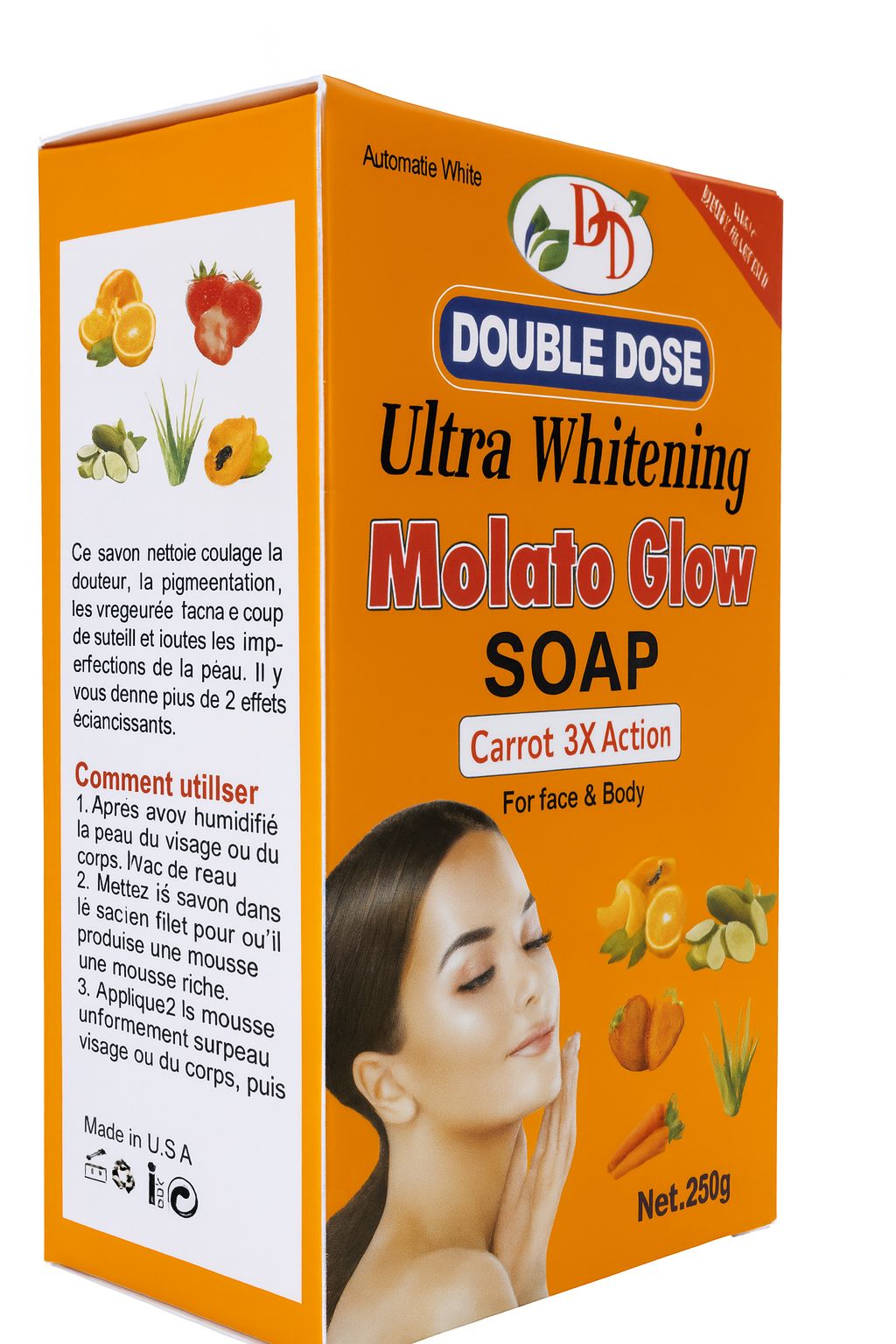 Double Dose Ultra Whitening Molato Glow Soap Carrot 3× Action 250g Brightening Bar Soap for Face & Body Reduce Dark Spots Even Skin Tone Deep Clean Pore Care Moisturizing Glow Bar