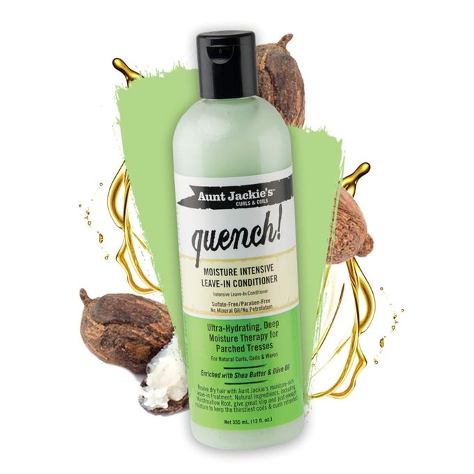 Aunt Jackie’s Quench! Moisture Intensive Leave-In Conditioner Ultra Hydrating Deep Moisture Therapy with Shea Butter & Olive Oil | For Natural Curls Coils Waves Soft Frizz-Free Hair 355ml