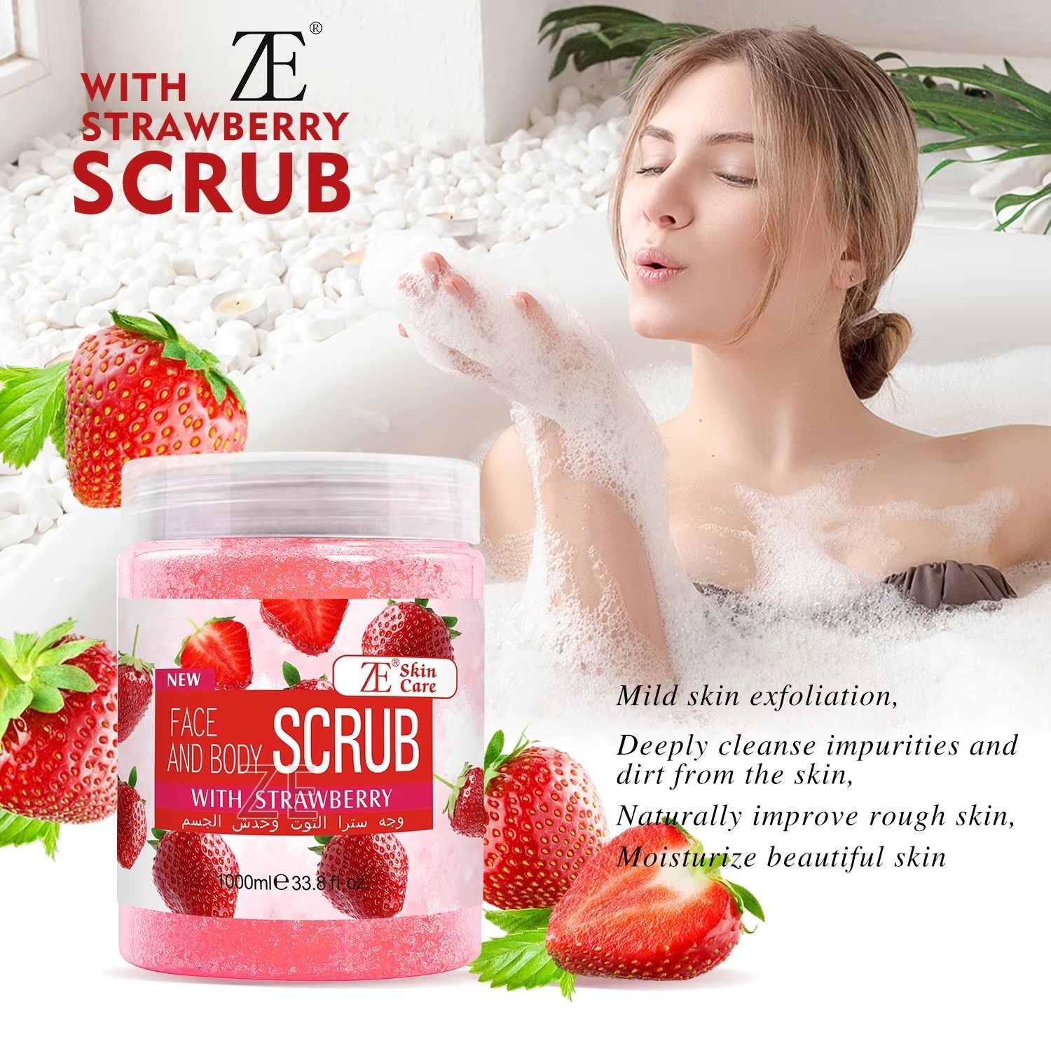 ZE Skin Care Strawberry Face And Body Scrub 1000ml Exfoliating Brightening Body Polish Deep Cleansing Facial Scrub For Smooth Glowing Skin All Skin Types Home Spa Use