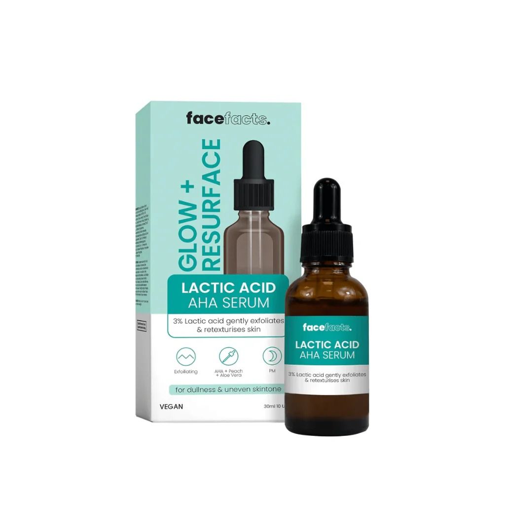 Facefacts Glow + Resurface Lactic Acid AHA Serum 30ml – 3% Lactic Acid Exfoliating & Brightening Skin Serum with Aloe Vera & Peach Extract for Uneven Tone, Dullness & Smooth Texture