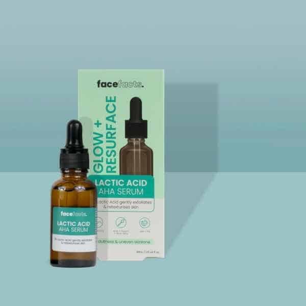 Facefacts Glow + Resurface Lactic Acid AHA Serum 30ml – 3% Lactic Acid Exfoliating & Brightening Skin Serum with Aloe Vera & Peach Extract for Uneven Tone, Dullness & Smooth Texture