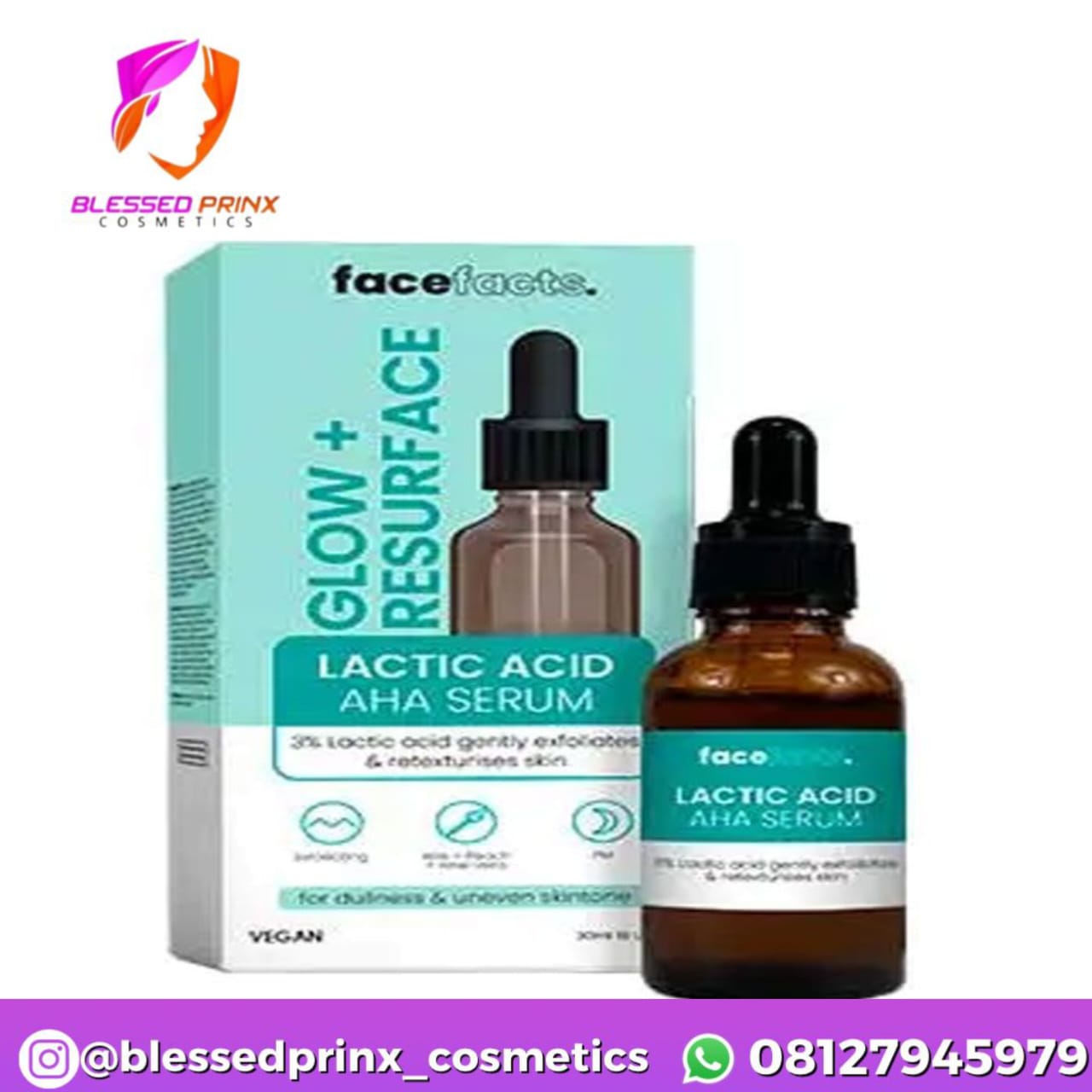 Facefacts Glow + Resurface Lactic Acid AHA Serum 30ml – 3% Lactic Acid Exfoliating & Brightening Skin Serum with Aloe Vera & Peach Extract for Uneven Tone, Dullness & Smooth Texture