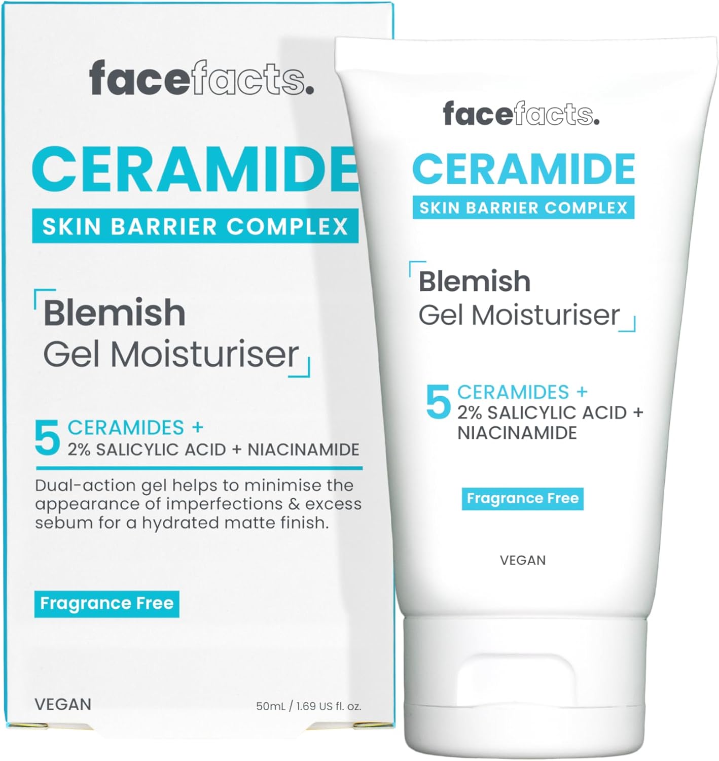 FaceFacts Ceramide Skin Barrier Complex Blemish Gel Moisturiser 50ml – 5 Ceramides + Salicylic Acid + Niacinamide Fragrance Free Vegan Lightweight Hydrating Acne & Blemish Control Moisturizer