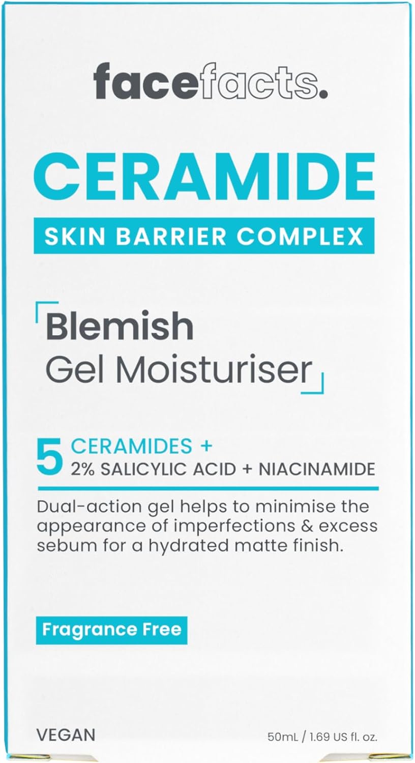 FaceFacts Ceramide Skin Barrier Complex Blemish Gel Moisturiser 50ml – 5 Ceramides + Salicylic Acid + Niacinamide Fragrance Free Vegan Lightweight Hydrating Acne & Blemish Control Moisturizer