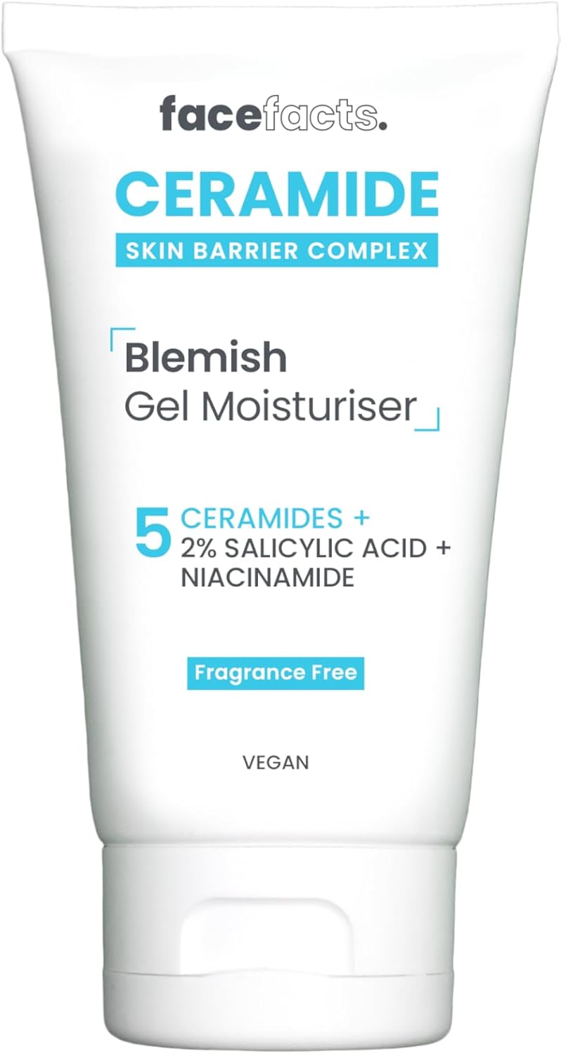 FaceFacts Ceramide Skin Barrier Complex Blemish Gel Moisturiser 50ml – 5 Ceramides + Salicylic Acid + Niacinamide Fragrance Free Vegan Lightweight Hydrating Acne & Blemish Control Moisturizer
