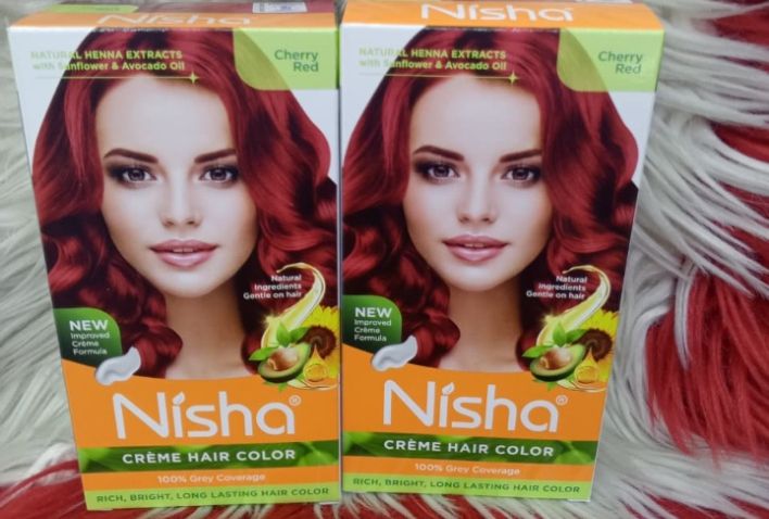 Nisha Creme Hair Color Cherry Red – Permanent Hair Dye with 100% Grey Coverage, Rich Bright Long Lasting Cherry Red Hair Colour, Ammonia Free Formula, Nourishing Henna & Natural Extracts for Men & Wom