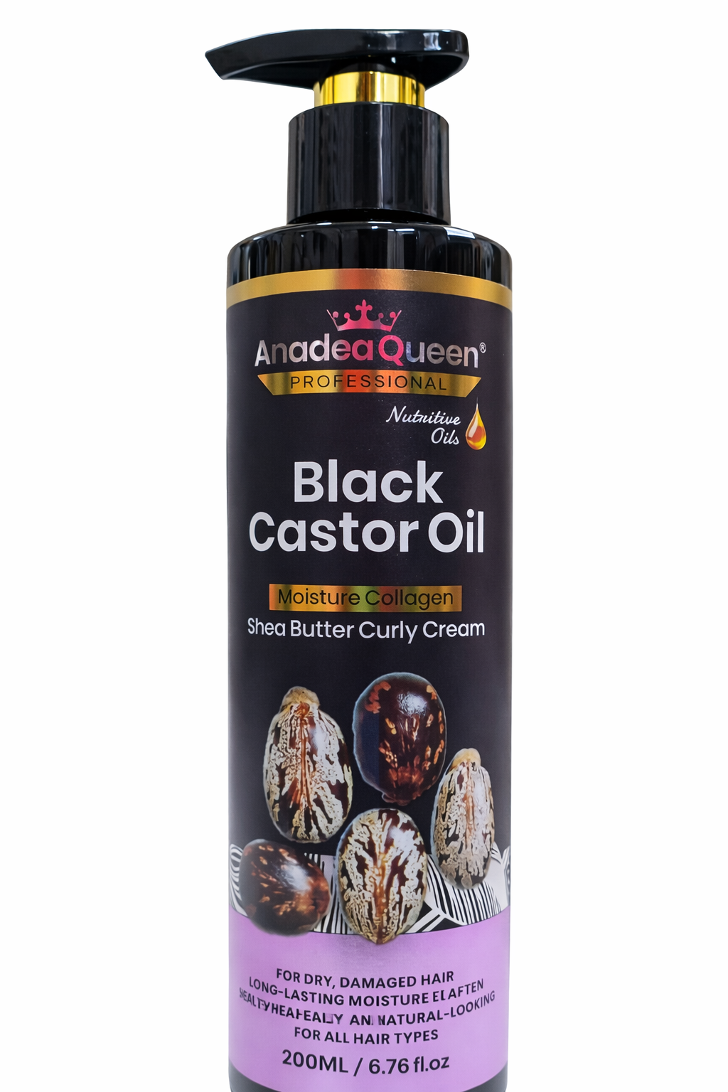 Anadea Queen Professional Curly Cream 200ml – Black Castor Oil Moisture Cream with Collagen & Shea Butter, Long Lasting Hydration, Curl Defining, Repair for Dry Damaged Hair, Elastin Care