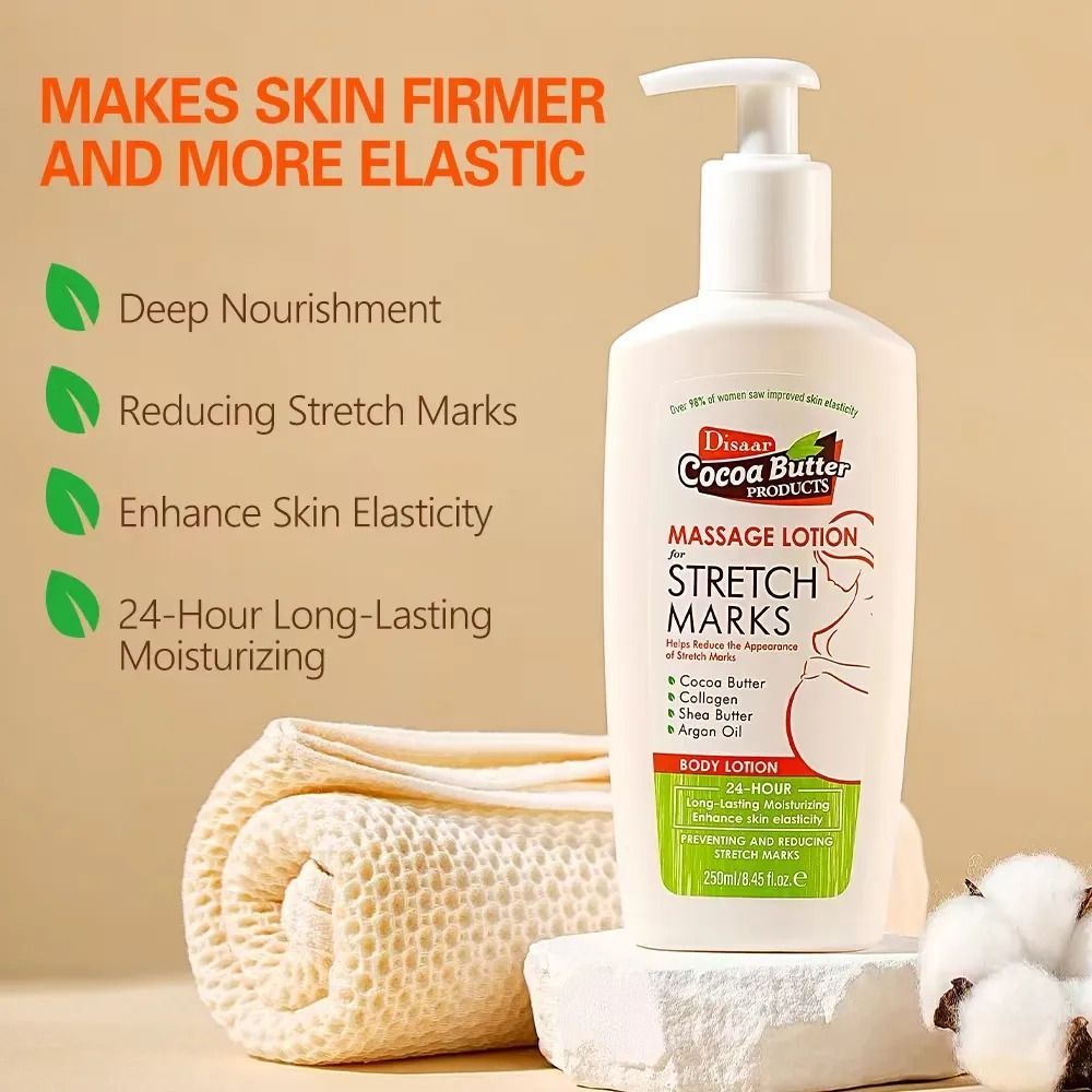 Disaar Cocoa Butter Massage Lotion for Stretch Marks 250ml - Cocoa Butter Collagen Shea Butter Argan Oil Body Lotion Helps Reduce Appearance of Stretch Marks and Hydrate Skin
