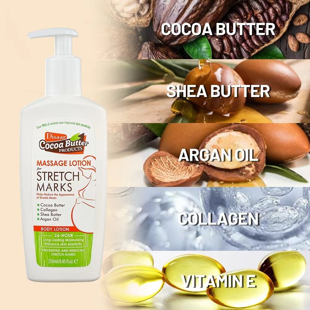 Disaar Cocoa Butter Massage Lotion for Stretch Marks 250ml - Cocoa Butter Collagen Shea Butter Argan Oil Body Lotion Helps Reduce Appearance of Stretch Marks and Hydrate Skin