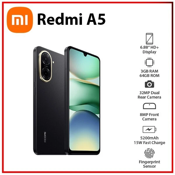 [Latest Arrival !!!] Redmi A5 Display 6.88" - 3GB + 64GB, Dual SIM ,32MP main camera, 8MP front camera , 5200mAh battery , Side fingerprint sensor , USB Type-C Phones SmartPhone
