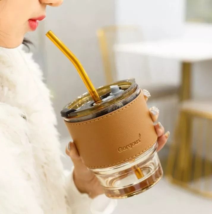 450ml Glass Tumbler / Cup with Straw and Leather Protective Sleeve. Can be used with Straw and/or Direct Drinking by Mouth