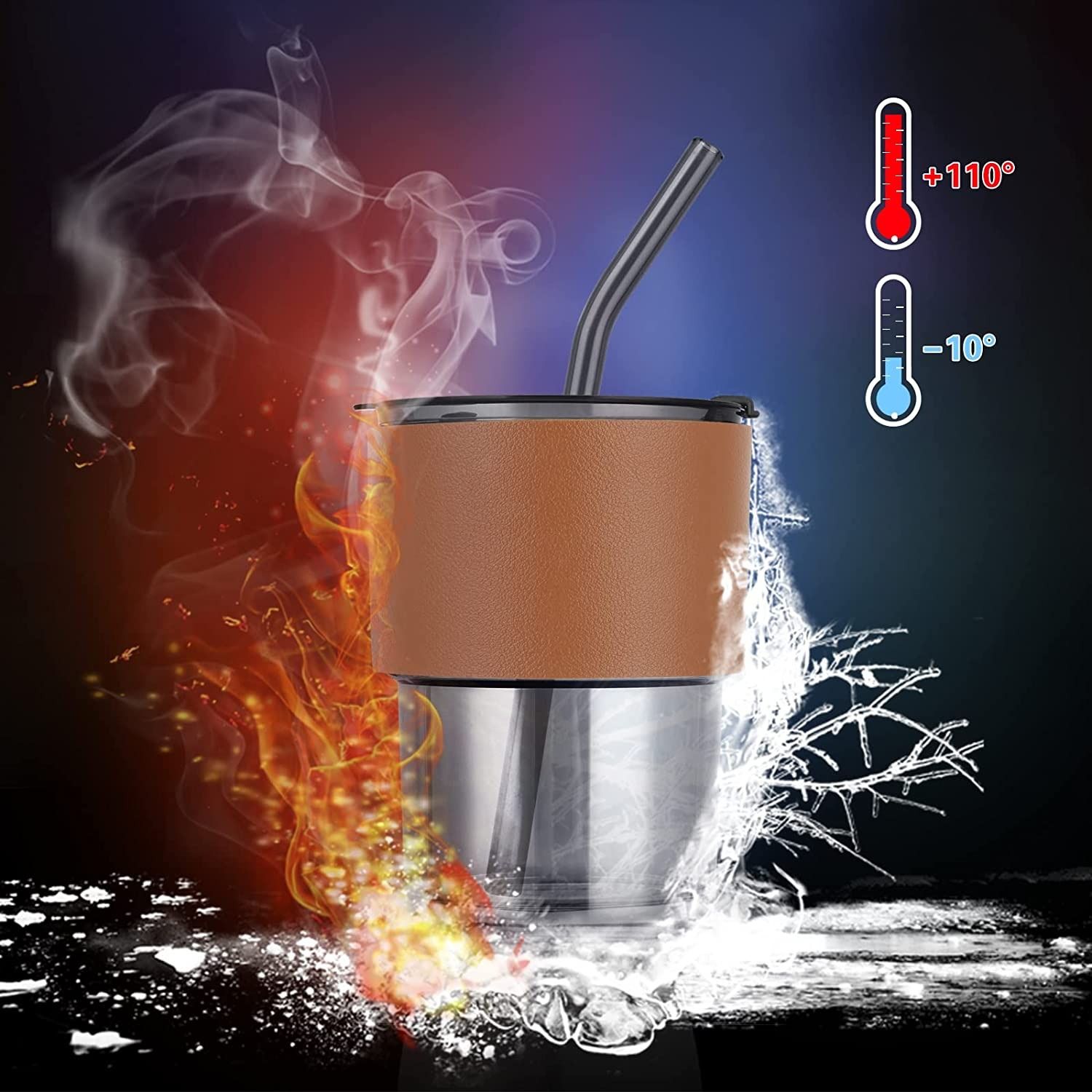 450ml Glass Tumbler / Cup with Straw and Leather Protective Sleeve. Can be used with Straw and/or Direct Drinking by Mouth