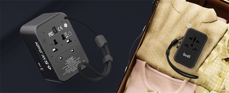 65W 5-Port USB PD Charger USB-A+4USB-C PD Fast Charging Wall Charger Adapter EU/US/UK/AU Switchable Plug with Card Holder Storage Slot Multifunctional Travelling Charger Adapter