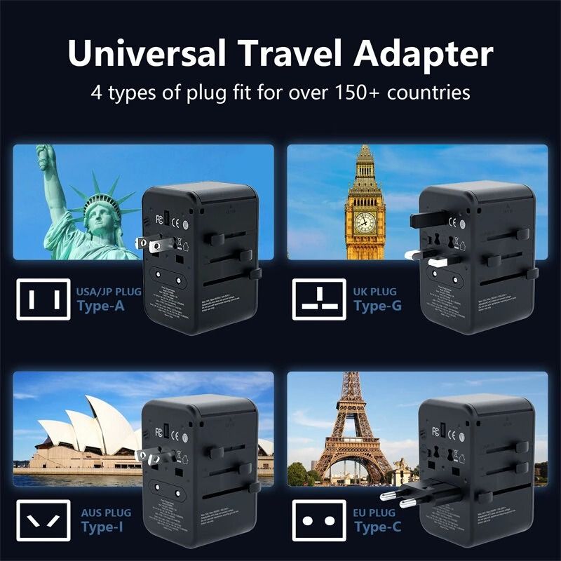 65W 5-Port USB PD Charger USB-A+4USB-C PD Fast Charging Wall Charger Adapter EU/US/UK/AU Switchable Plug with Card Holder Storage Slot Multifunctional Travelling Charger Adapter