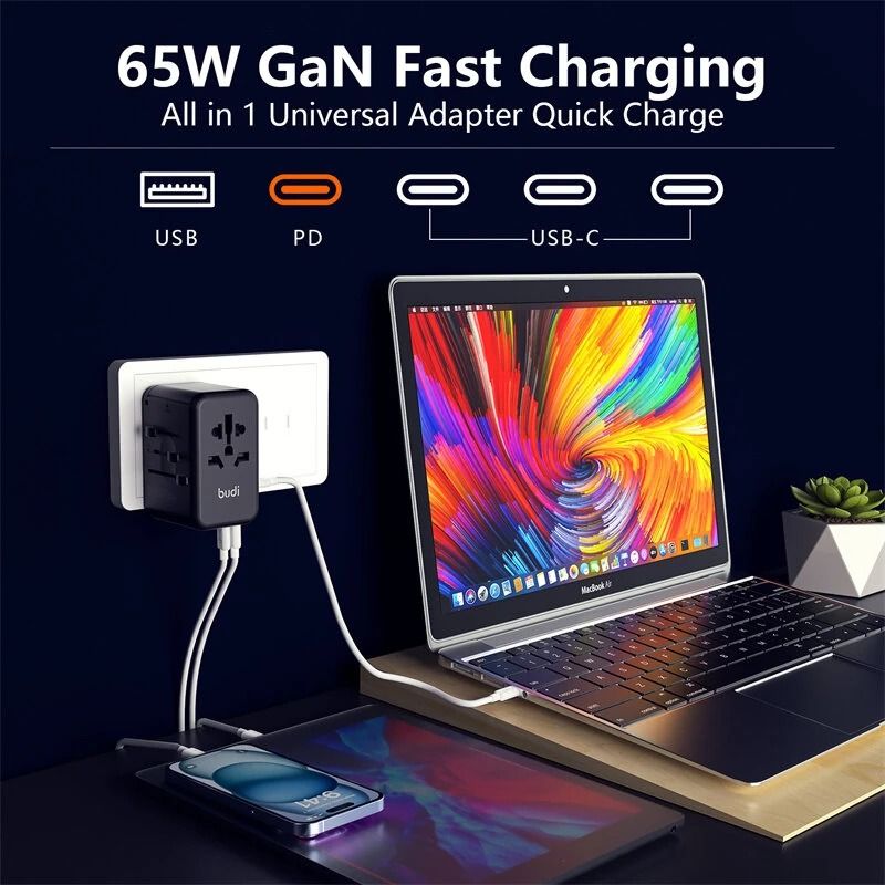 65W 5-Port USB PD Charger USB-A+4USB-C PD Fast Charging Wall Charger Adapter EU/US/UK/AU Switchable Plug with Card Holder Storage Slot Multifunctional Travelling Charger Adapter