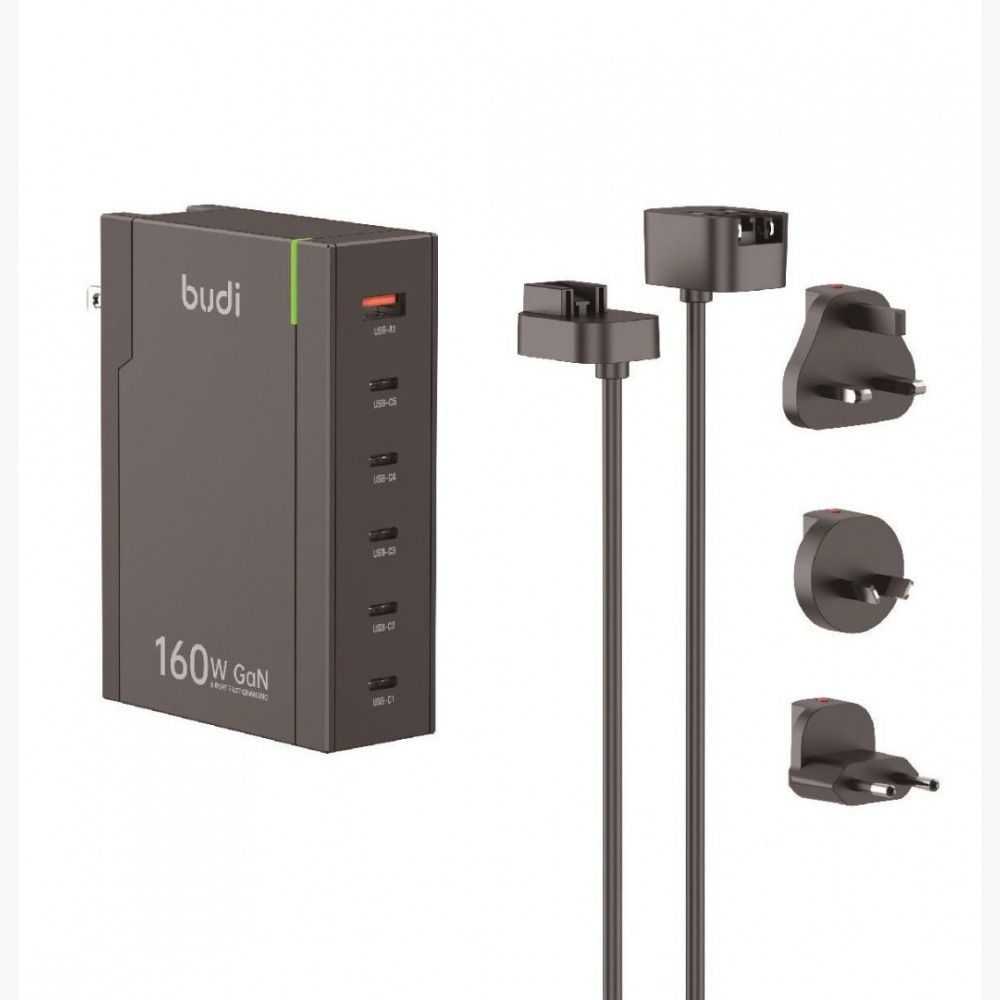 160W 6-Ports GAN PD + QC3.0 Global Tralel Super Fast Charger with 1.5m Extension Cable