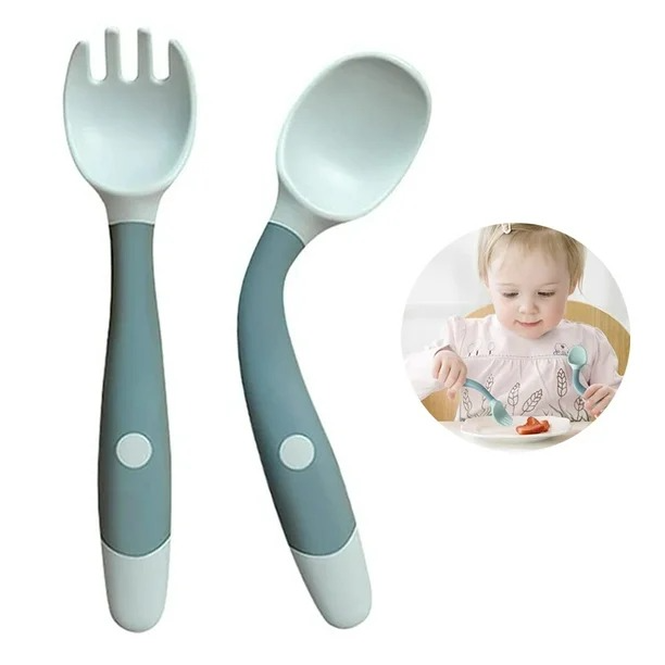 Baby Utensils Spoons Forks 2 Sets, Cute Toddlers Feeding Training Spoon and Fork Tableware Set Easy Grip Heat-Resistant Bendable BPA Free Great Self-Feeding Learning Spoons Forks for Kids