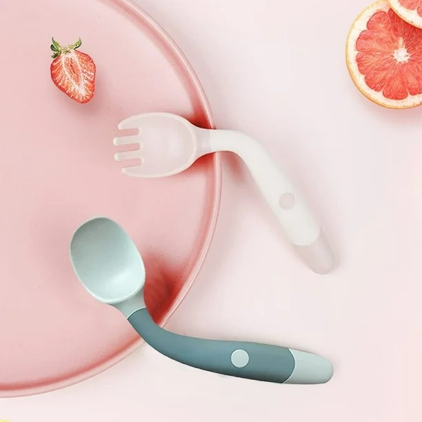 Baby Utensils Spoons Forks 2 Sets, Cute Toddlers Feeding Training Spoon and Fork Tableware Set Easy Grip Heat-Resistant Bendable BPA Free Great Self-Feeding Learning Spoons Forks for Kids