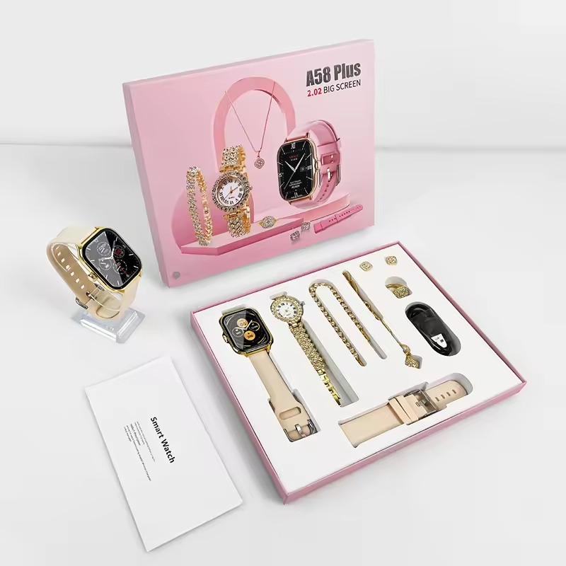 6 IN 1 Smart Watch Gift Sets with Women Jewelry Suits Earring Necklace Ring Bracelet Plus Smartwatch Bluetooth Call Blood Pressure