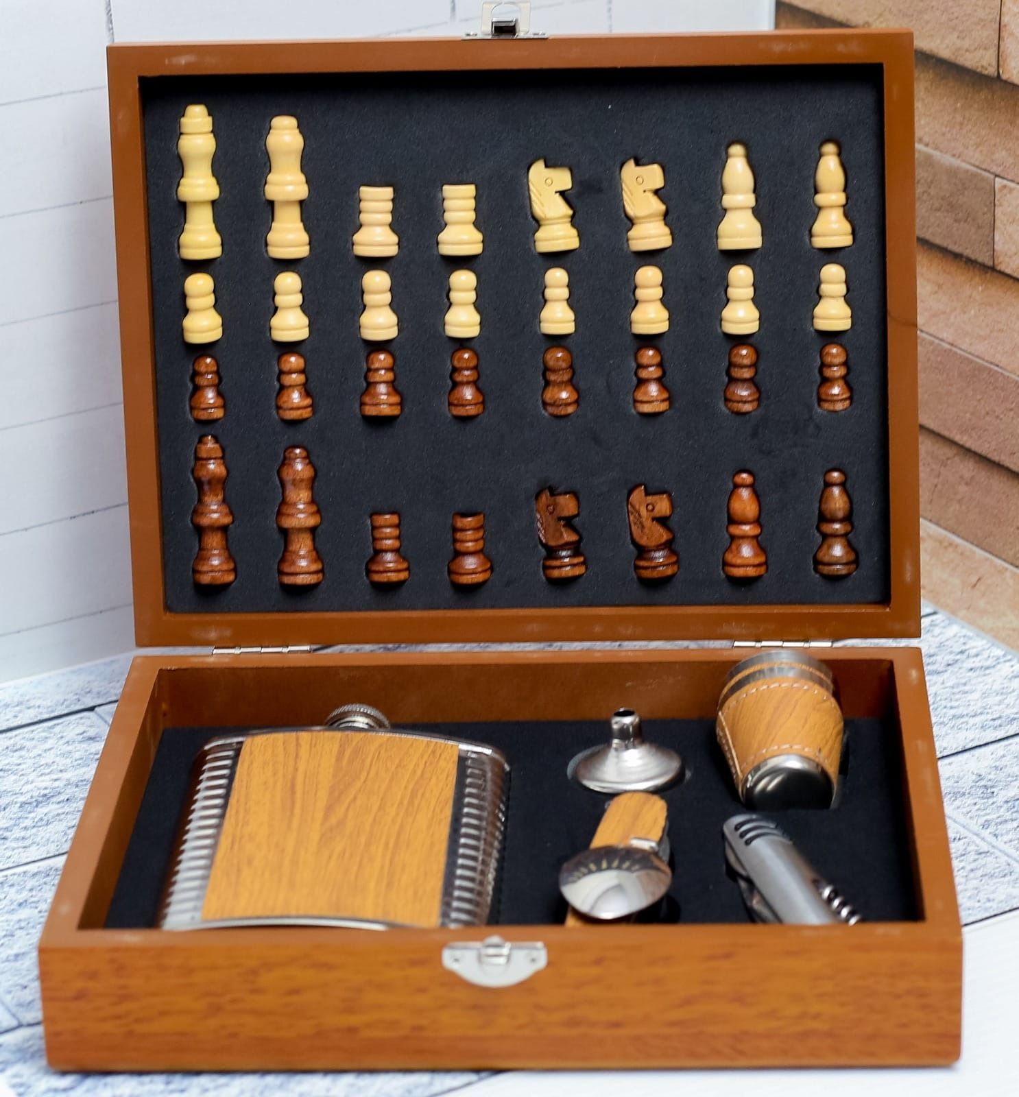 Hip Flask Gift Set with Chess & Chess Play Set in wood board case