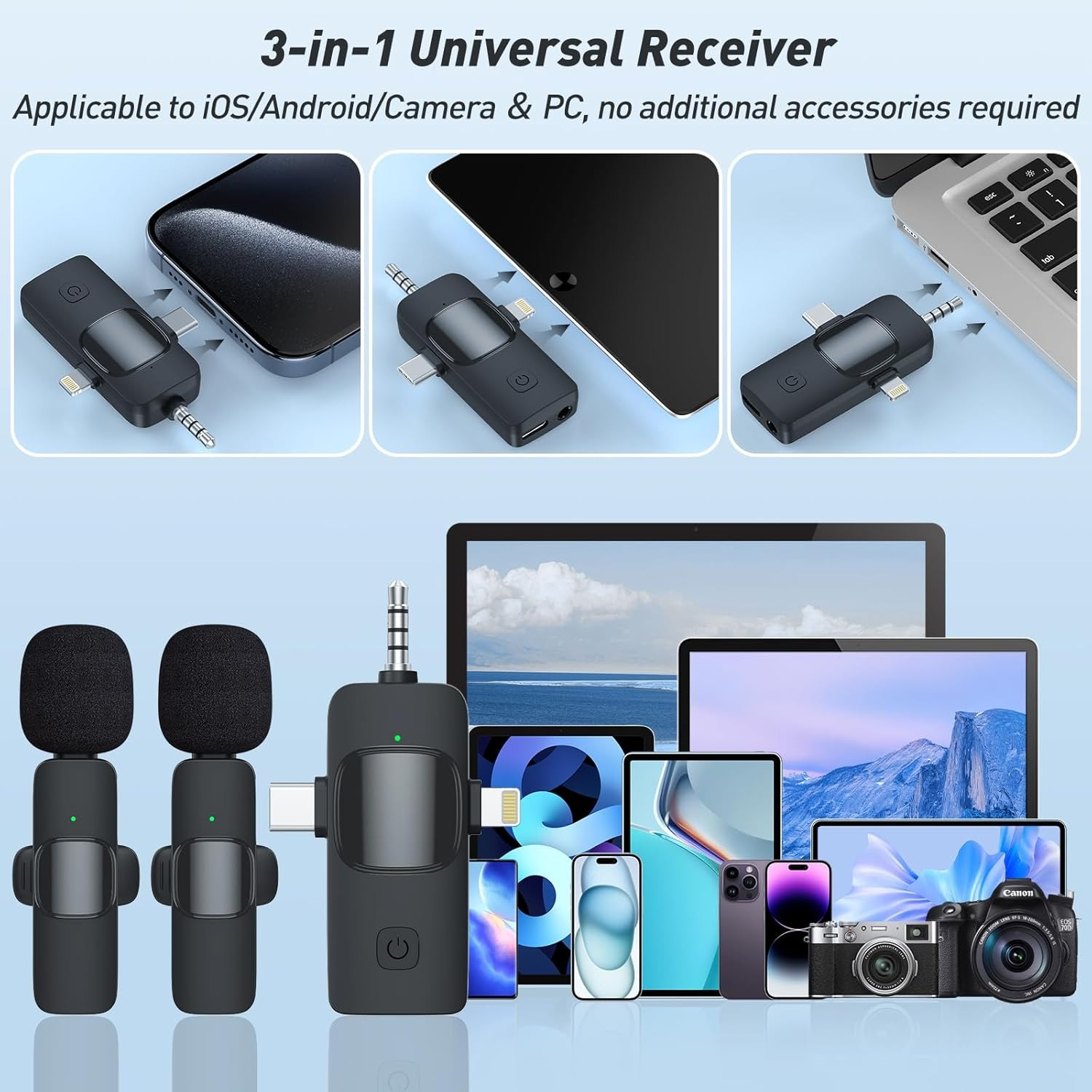 3 in 1 Wireless Microphone for iPhone, iPad, Android, Camera, Mini Microphones USB C, 12Hs Working Time, Lavalier Mic for Vlog, Podcast, TikTok, YouTube