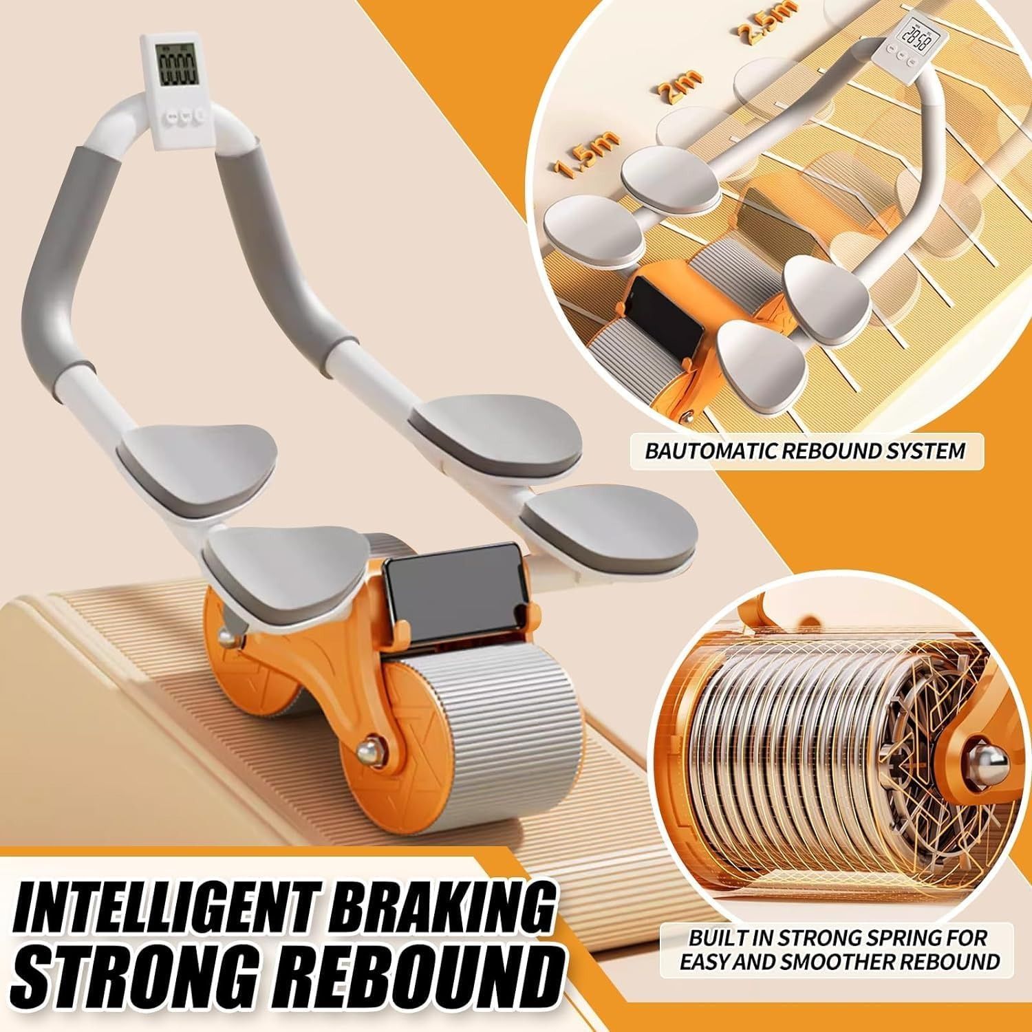 Ab Roller Auto Recoil Addominal Roller with 4 Elbow Support Knee Pads, Ab Scooter with Mobile Phone Holder, Abdominal Core Exercise Equipment for Workout