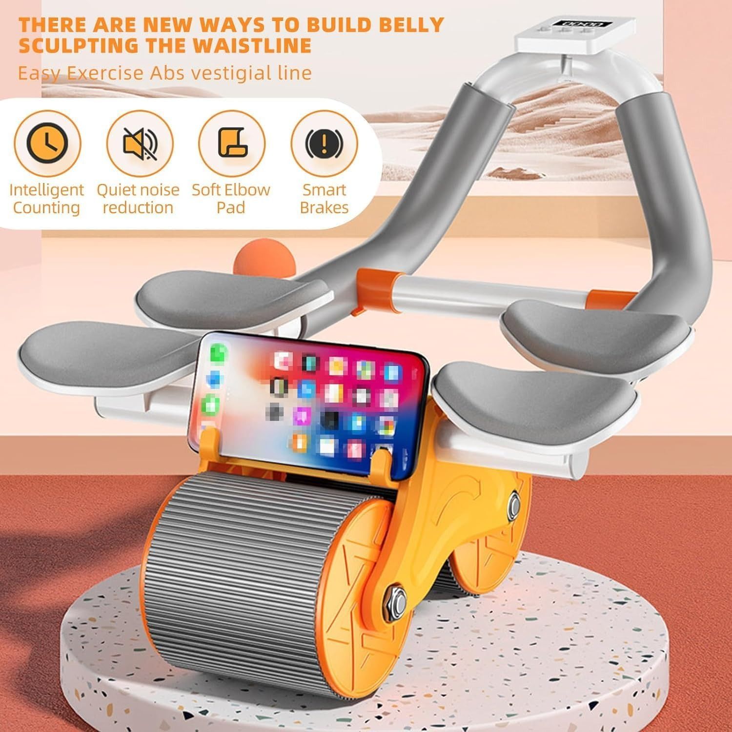 Ab Roller Auto Recoil Addominal Roller with 4 Elbow Support Knee Pads, Ab Scooter with Mobile Phone Holder, Abdominal Core Exercise Equipment for Workout