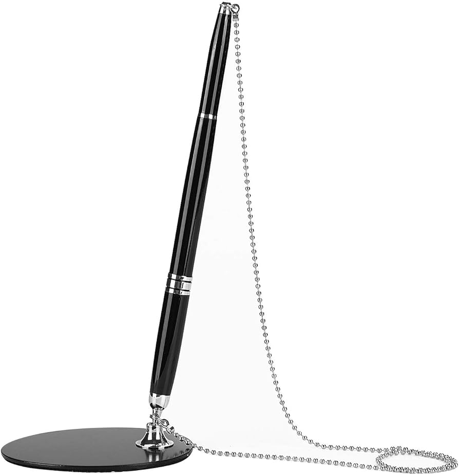 Excecutive Classic Metal Ballpoint Pen Secure Chain Attached Base Stand Desk Office Counter Pen
