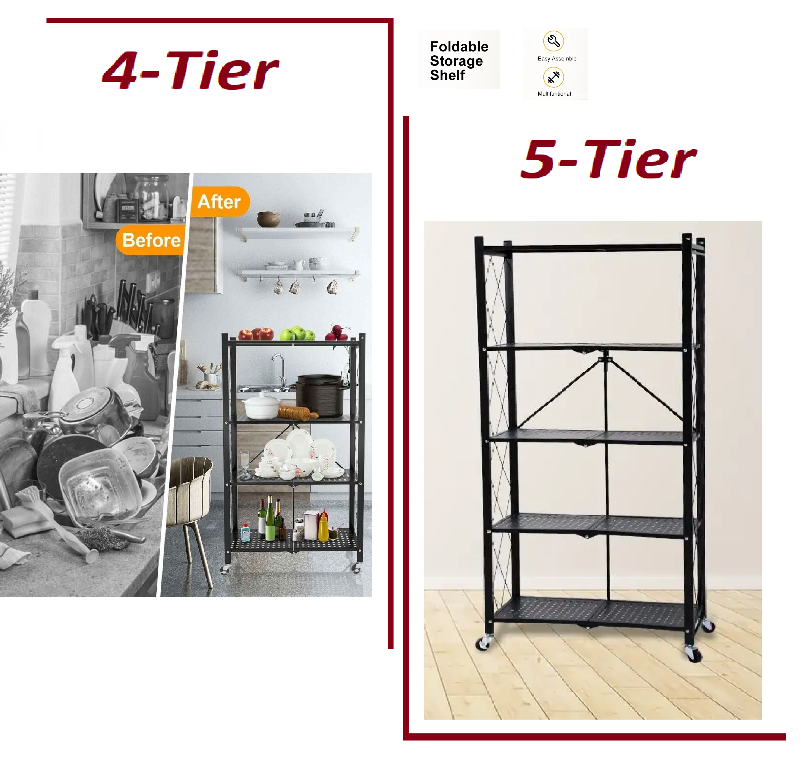 Metallic Storage Shelving Unit Shelf, Foldable Storage Shelf with Wheels, Garage Shelf, Metal Storage Rack, Kitchen Shelf with 4 Hooks, No Assemble Require